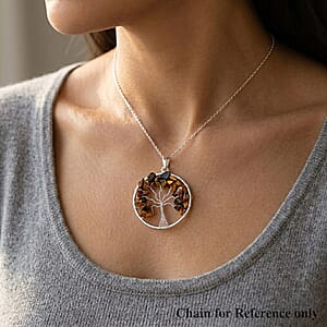 Tiger's Eye 5.25 ctw Tree of Life Pendant in Silvertone with Stainless Steel Necklace (20 Inches)