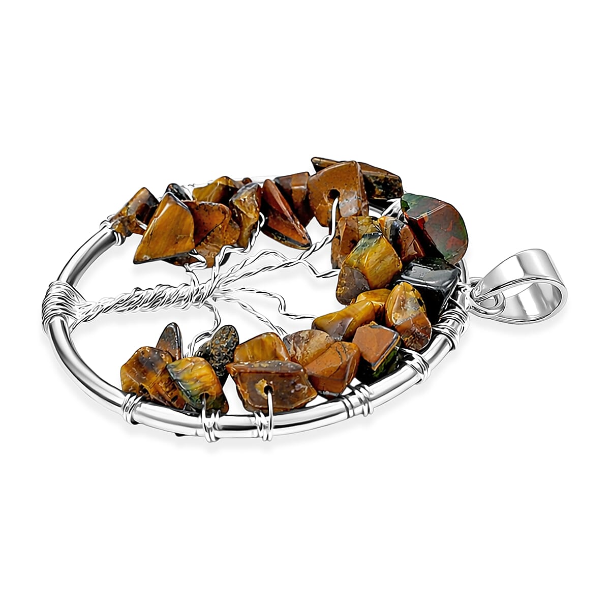 Tiger's Eye 5.25 ctw Tree of Life Pendant in Silvertone with Stainless Steel Necklace (20 Inches) image number 3