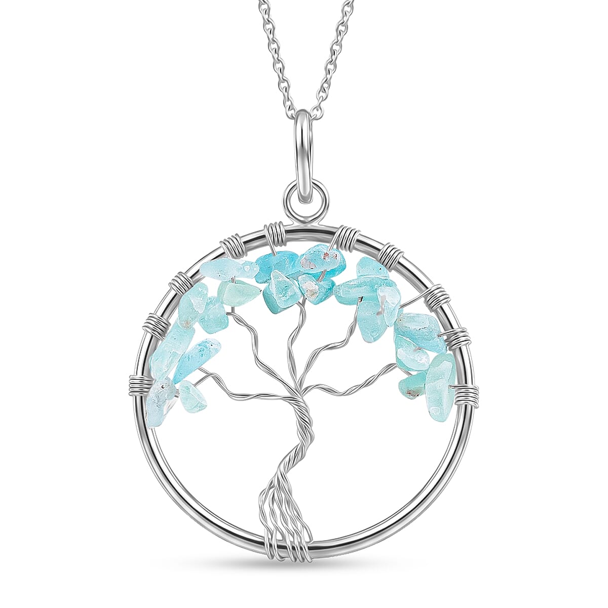 Aquamarine 5.25 ctw Tree of Life Pendant in Silvertone with Stainless Steel Necklace (20 Inches)