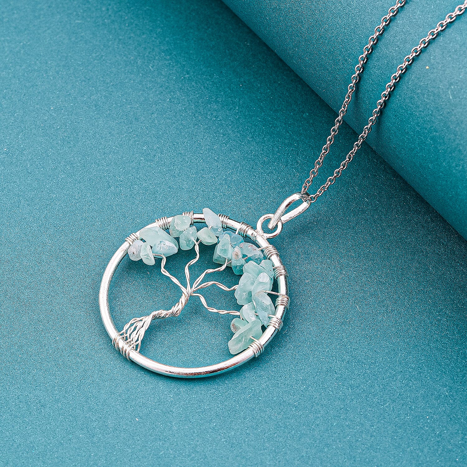 Aquamarine 5.25 ctw Tree of Life Pendant in Silvertone with Stainless Steel Necklace (20 Inches)