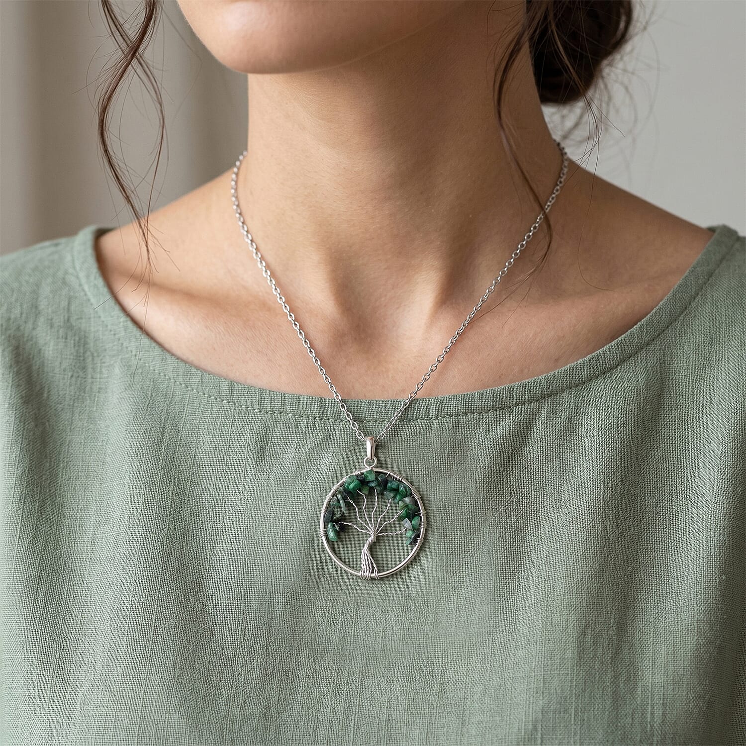 Fluorite 5.25 ctw Tree of Life Pendant in Silvertone with Stainless Steel Necklace (20 Inches)