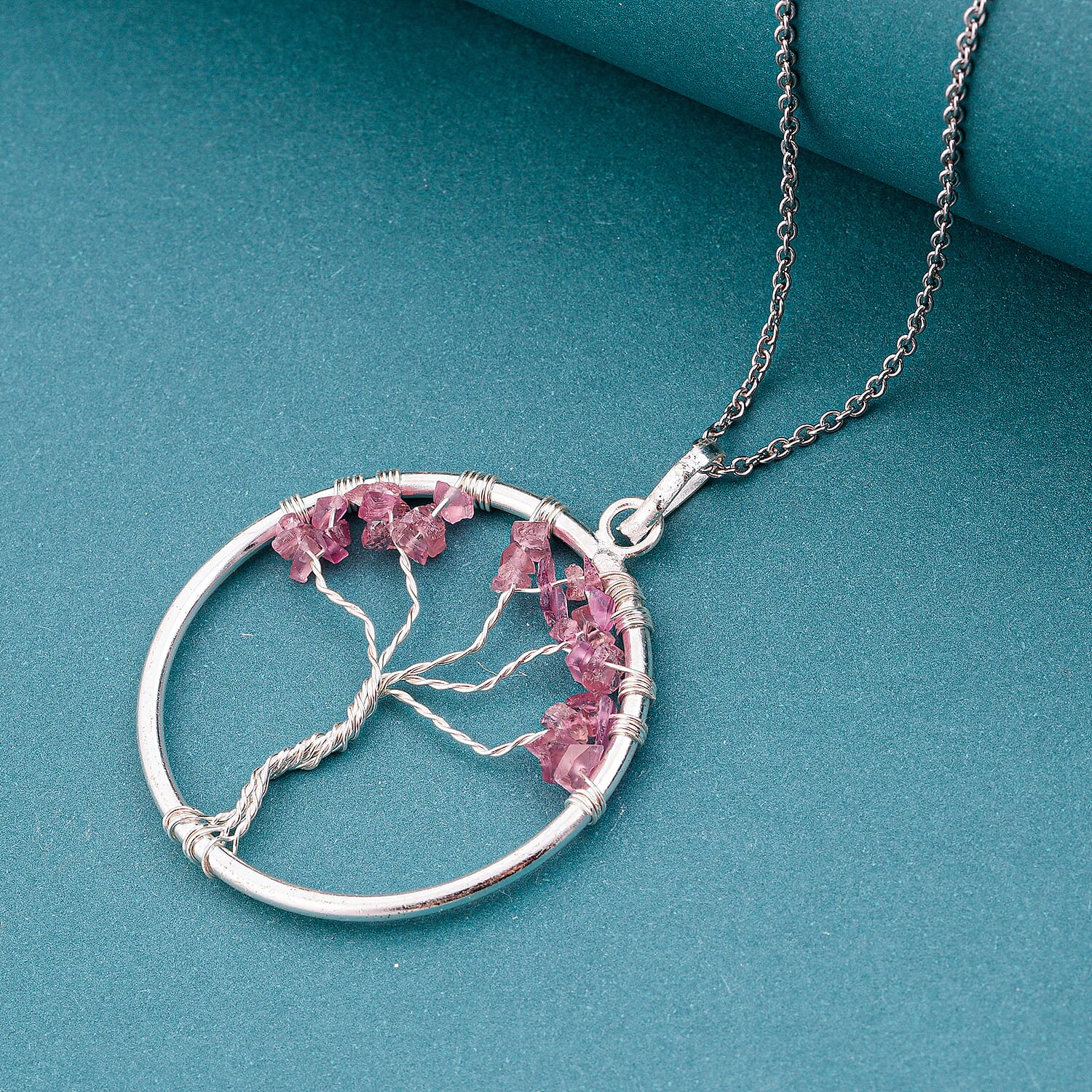 Morro Redondo Pink Tourmaline 5.25 ctw Tree of Life Pendant in Silvertone with Stainless Steel Necklace (20 Inches)