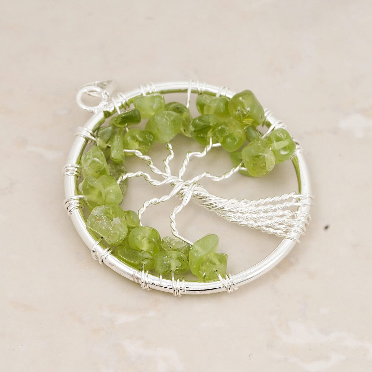 Hebei Peridot 5.25 ctw Tree of Life Pendant in Silvertone with Stainless Steel Necklace (20 Inches) image number 1