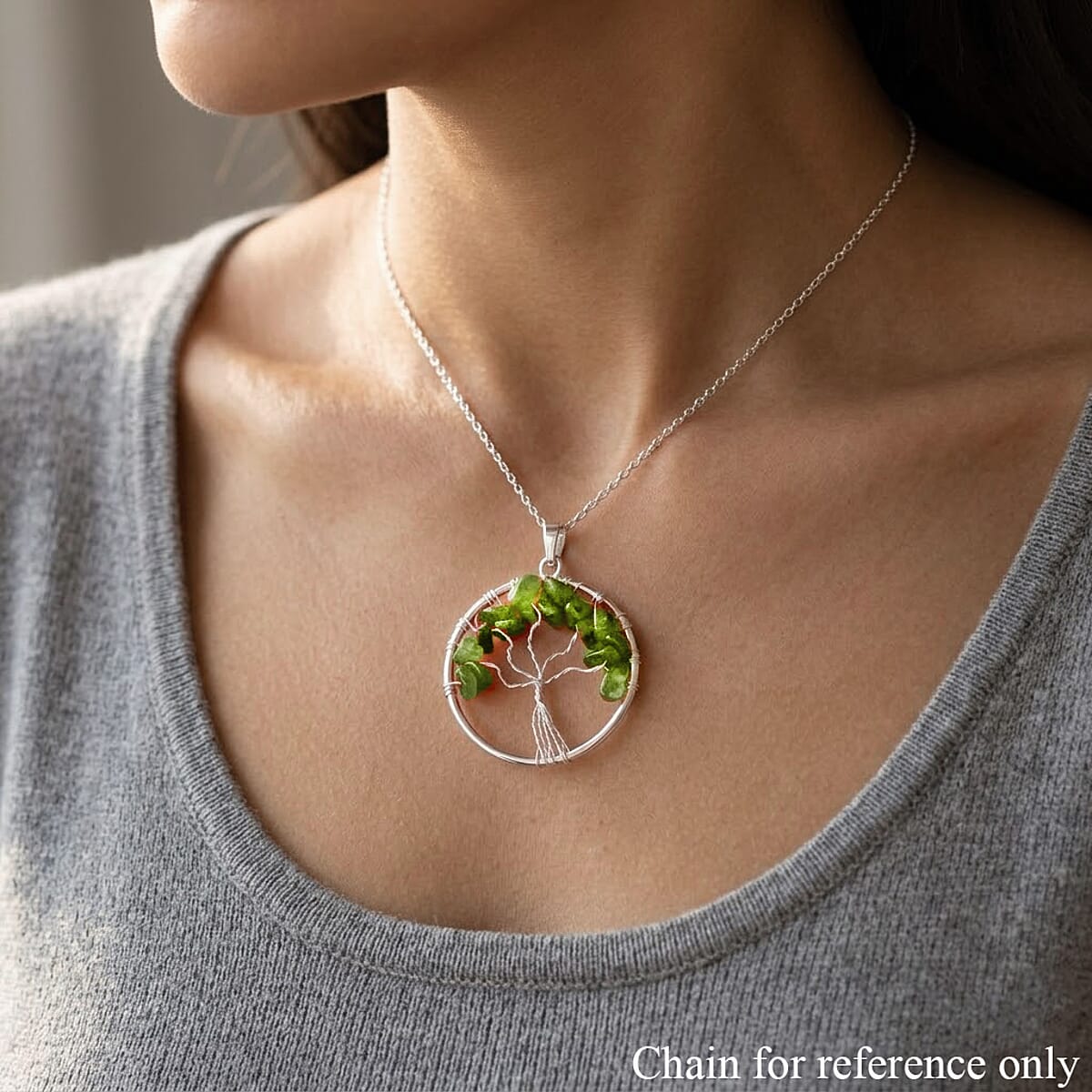 Hebei Peridot 5.25 ctw Tree of Life Pendant in Silvertone with Stainless Steel Necklace (20 Inches) image number 2