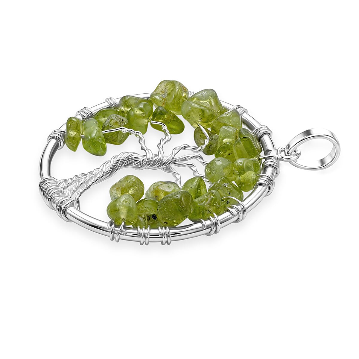 Hebei Peridot 5.25 ctw Tree of Life Pendant in Silvertone with Stainless Steel Necklace (20 Inches) image number 3
