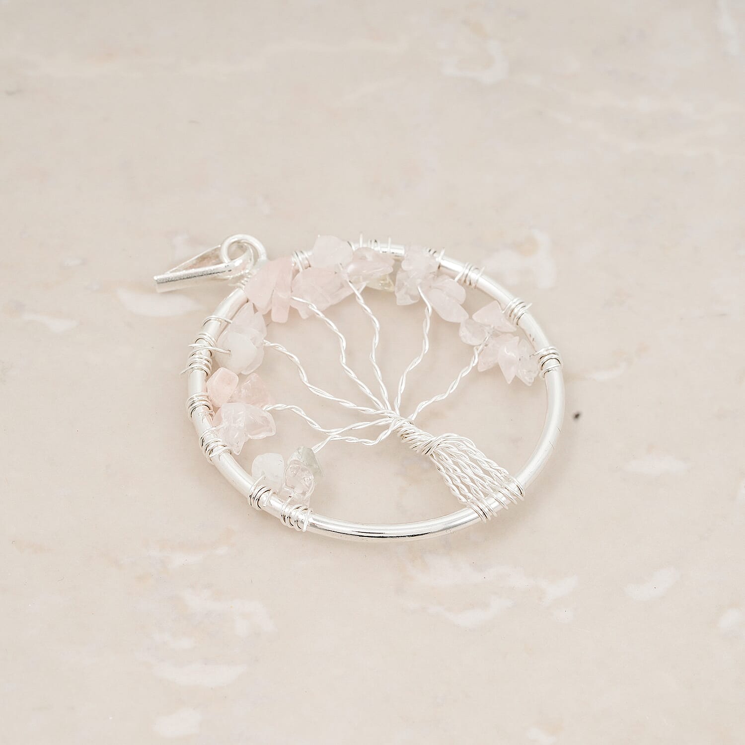 Galilea Rose Quartz 5.25 ctw Tree of Life Pendant in Silvertone with Stainless Steel Necklace (20 Inches)