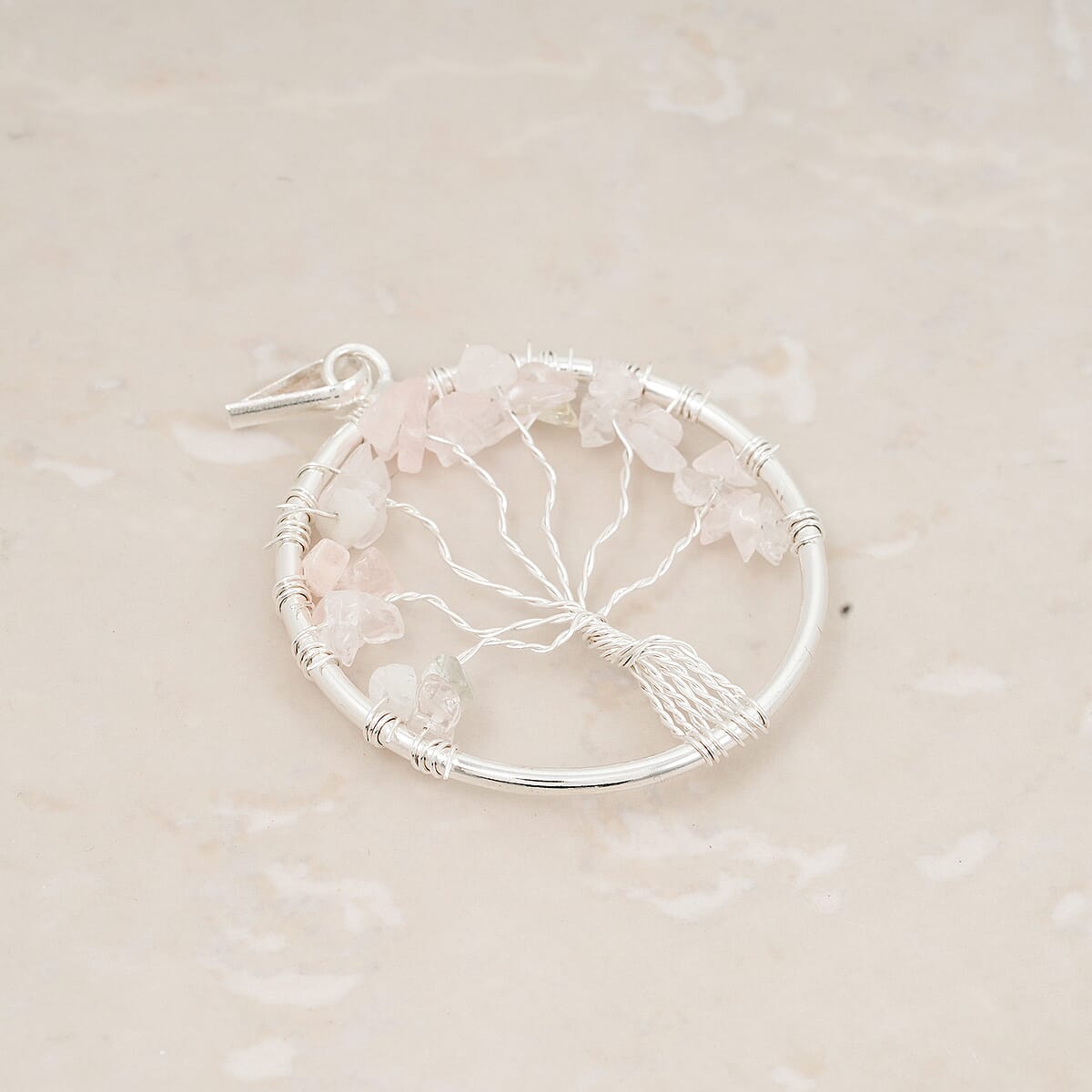 Galilea Rose Quartz 5.25 ctw Tree of Life Pendant in Silvertone with Stainless Steel Necklace (20 Inches) image number 1