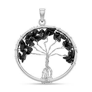 Black Obsidian 5.25 ctw Tree of Life Pendant in Silvertone with Stainless Steel Necklace (20 Inches)