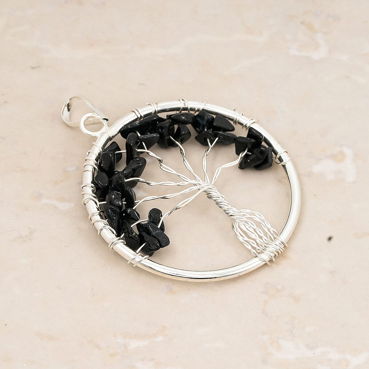 Black Obsidian 5.25 ctw Tree of Life Pendant in Silvertone with Stainless Steel Necklace (20 Inches) image number 1