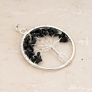 Black Obsidian 5.25 ctw Tree of Life Pendant in Silvertone with Stainless Steel Necklace (20 Inches)