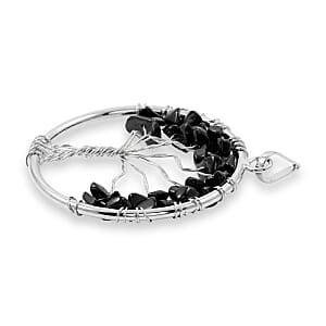 Black Obsidian 5.25 ctw Tree of Life Pendant in Silvertone with Stainless Steel Necklace (20 Inches)