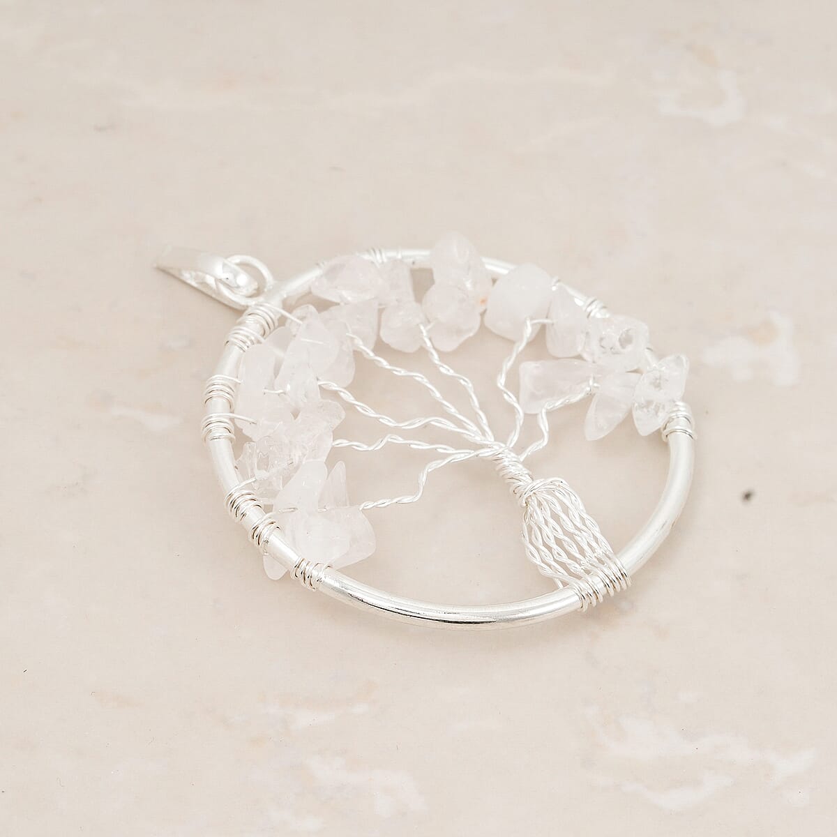 White Quartz 5.25 ctw Tree of Life Pendant in Silvertone with Stainless Steel Necklace (20 Inches) image number 1