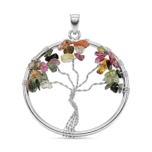 Multi-Tourmaline 5.25 ctw Tree of Life Pendant in Silvertone with Stainless Steel Necklace (20 Inches)