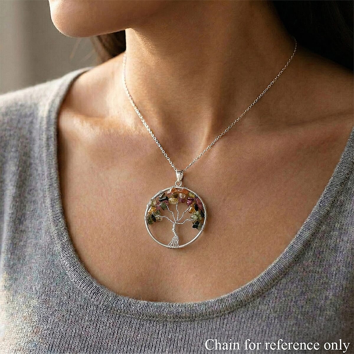 Multi-Tourmaline 5.25 ctw Tree of Life Pendant in Silvertone with Stainless Steel Necklace (20 Inches) image number 1