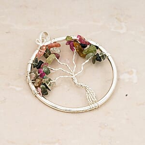 Multi-Tourmaline 5.25 ctw Tree of Life Pendant in Silvertone with Stainless Steel Necklace (20 Inches)