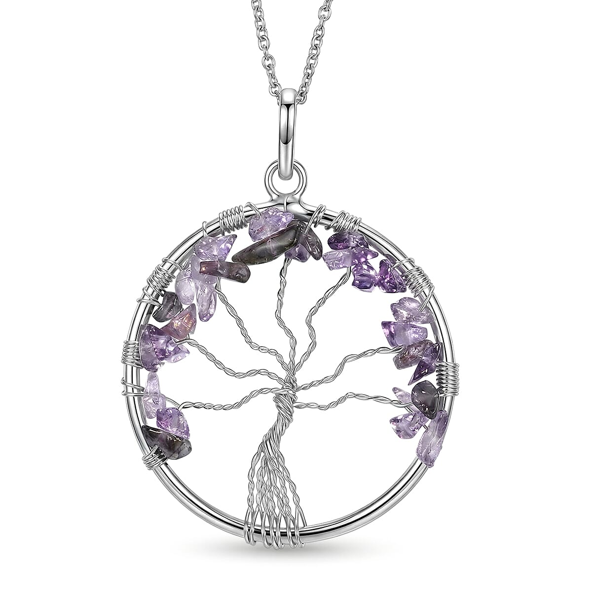 Amethyst 5.25 ctw Tree of Life Pendant in Silvertone with Stainless Steel Necklace (20 Inches)