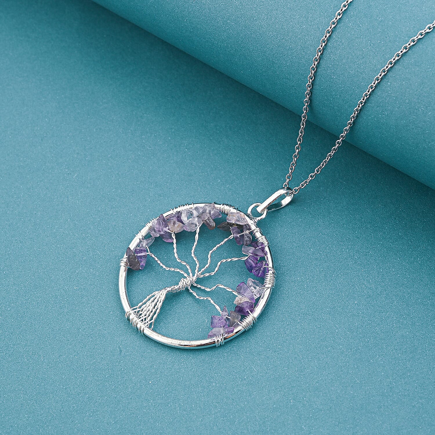 Amethyst 5.25 ctw Tree of Life Pendant in Silvertone with Stainless Steel Necklace (20 Inches)