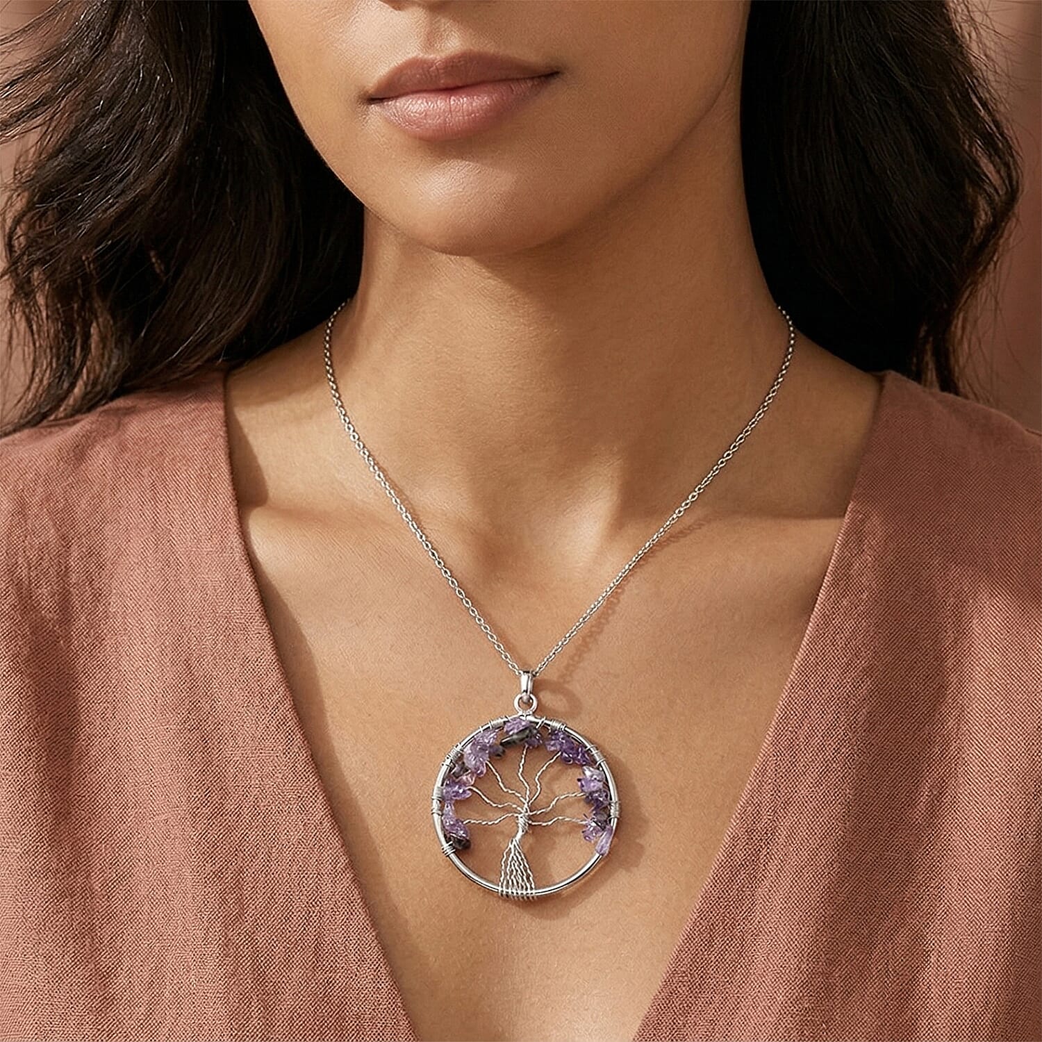 Amethyst 5.25 ctw Tree of Life Pendant in Silvertone with Stainless Steel Necklace (20 Inches)
