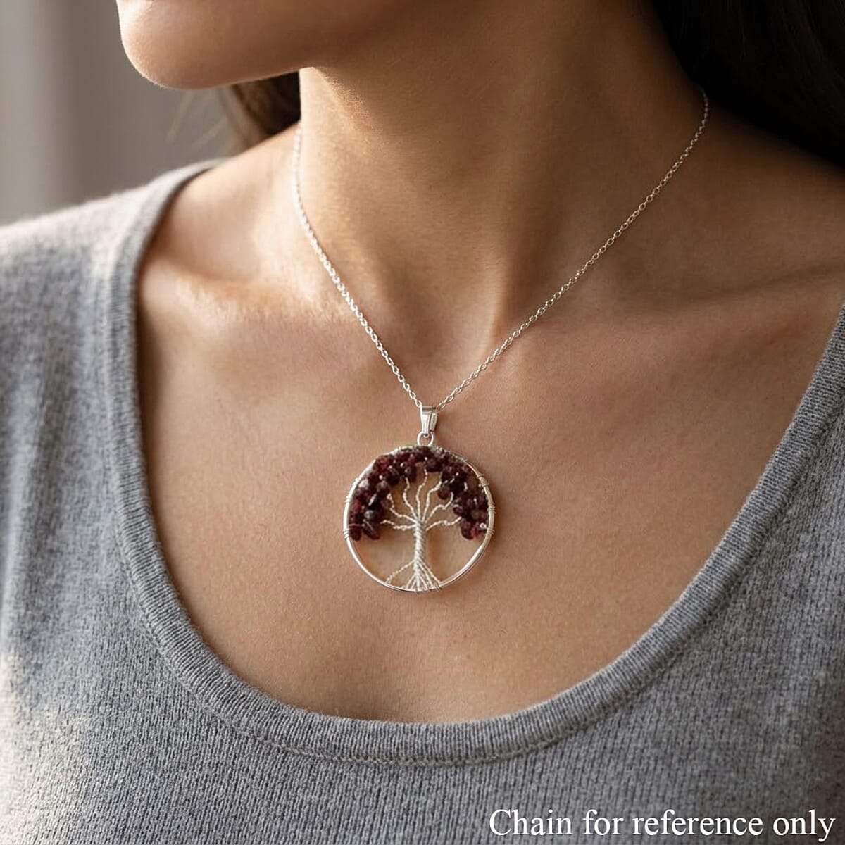 Mozambique Garnet 5.25 ctw Tree of Life Pendant in Silvertone with Stainless Steel Necklace (20 Inches) image number 2