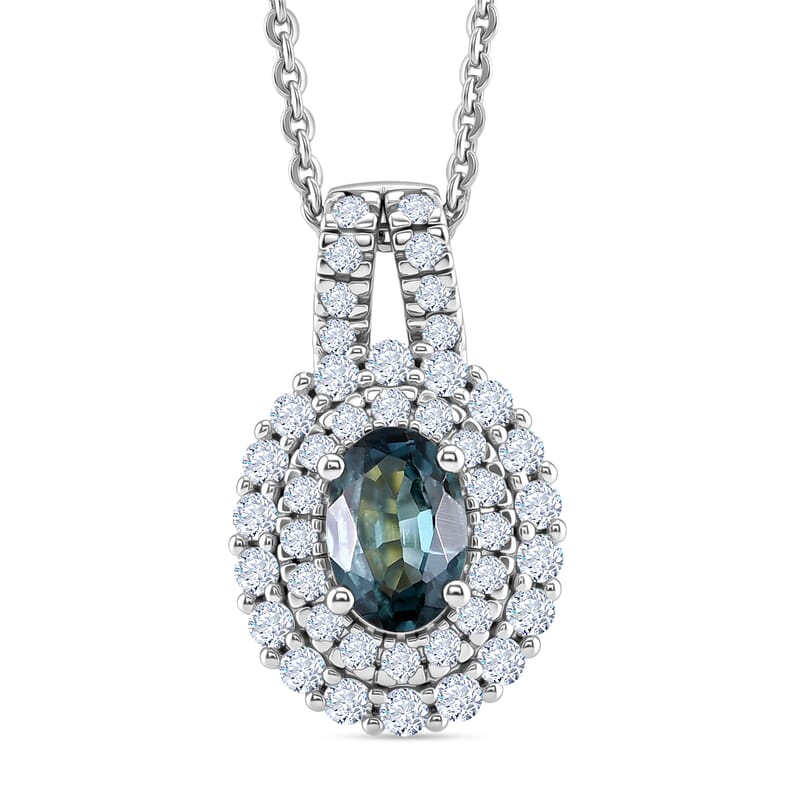 D'Joy Monte Belo Indicolite and Moissanite 1.50 ctw Sea Crown Pendant Necklace in Rhodium Over Sterling Silver 20 Inches