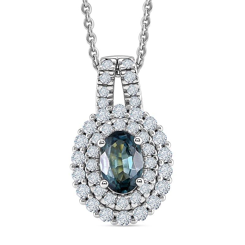 D'Joy Monte Belo Indicolite and Moissanite 1.50 ctw Sea Crown Pendant Necklace in Rhodium Over Sterling Silver 20 Inches