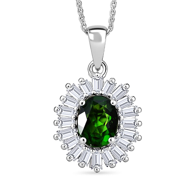 D'Joy Chrome Diopside and Moissanite 2.00 ctw Bloom Burst Pendant Necklace in Rhodium Over Sterling Silver 20 Inches