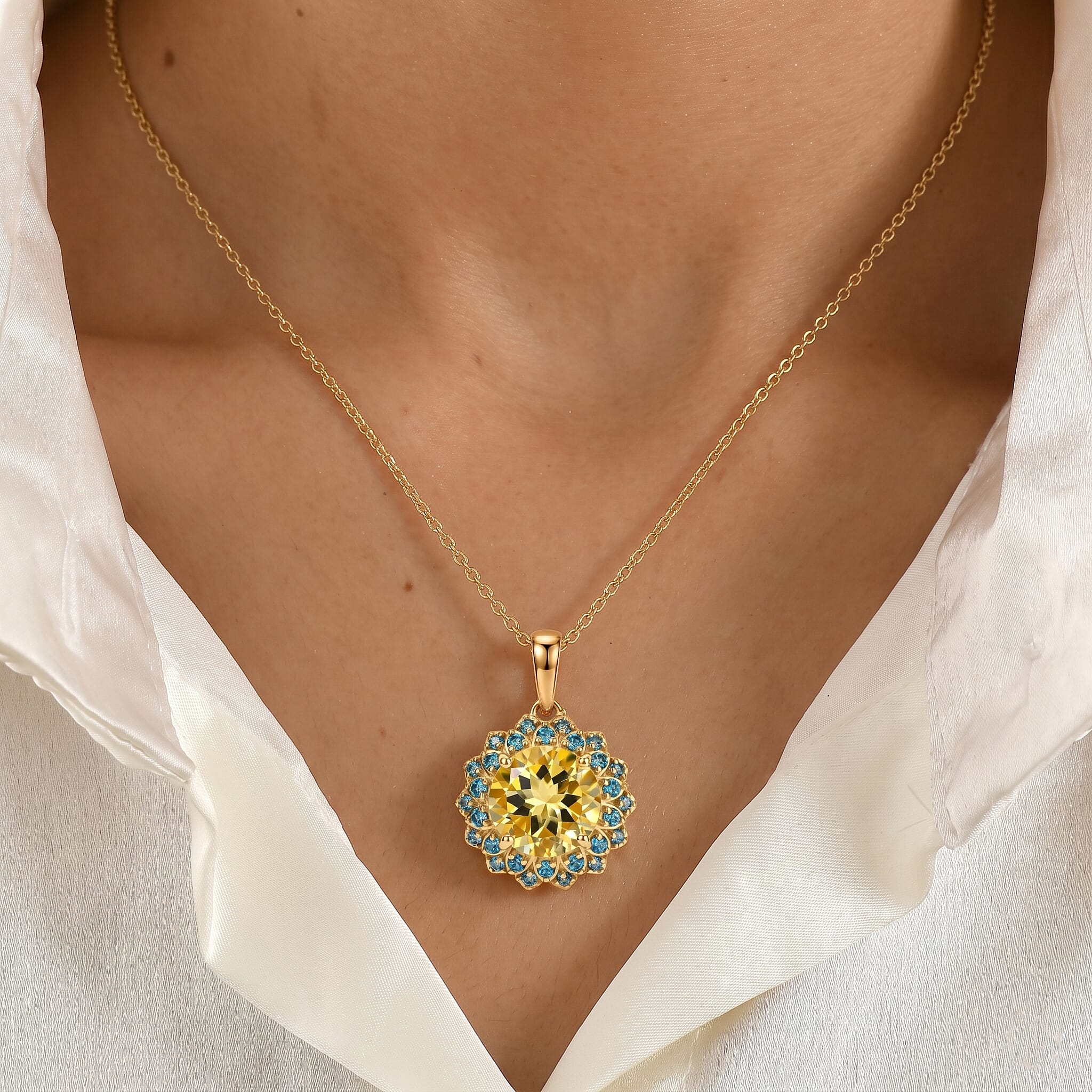 EverTrue Green Gold Quartz, Signity Paraiba and Ice Blue Topaz 4.15 ctw Pendant in 18K YG Plated with ION Plated YG Stainless Steel Necklace 20 Inches