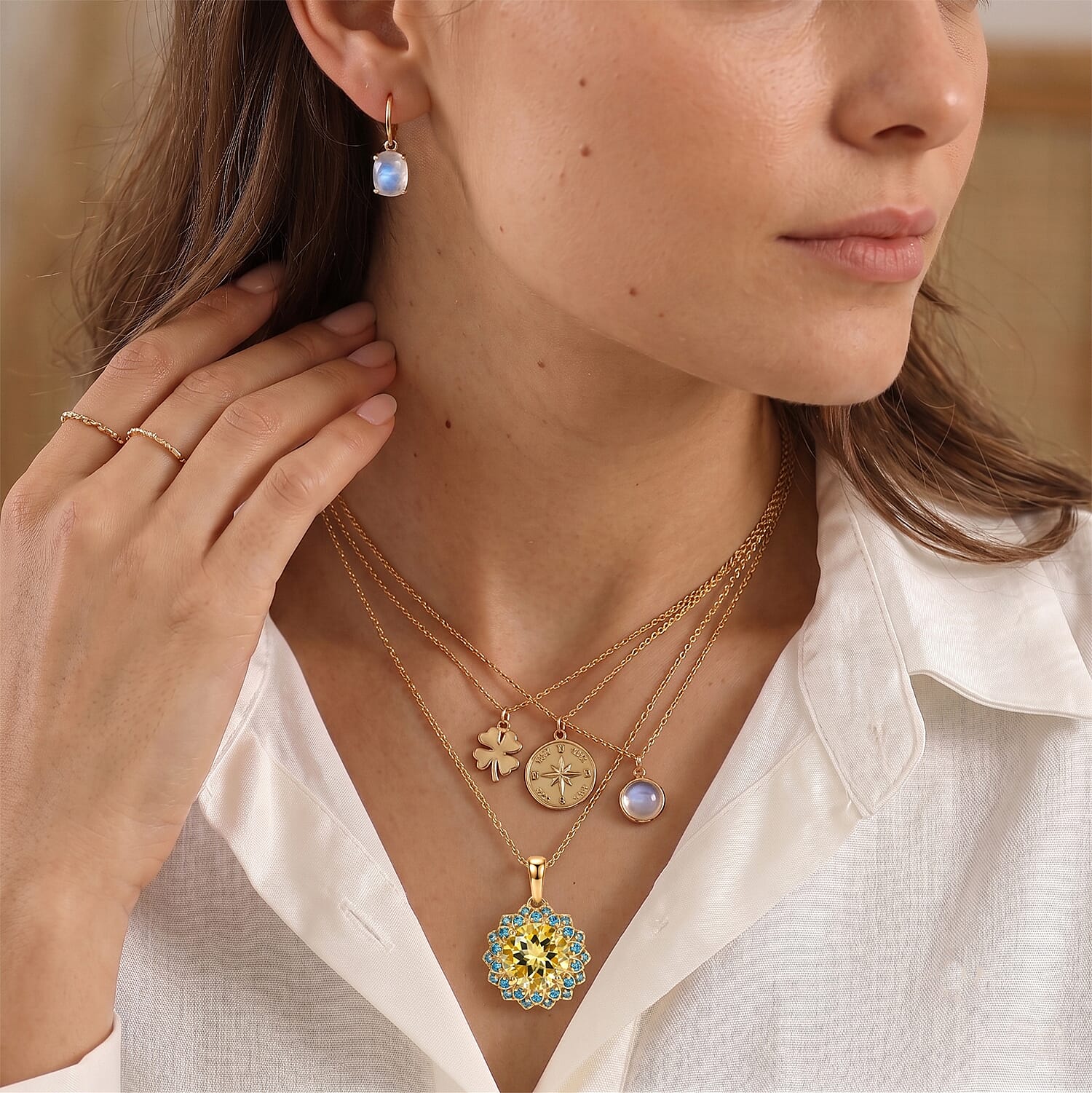 EverTrue Green Gold Quartz, Signity Paraiba and Ice Blue Topaz 4.15 ctw Pendant in 18K YG Plated with ION Plated YG Stainless Steel Necklace 20 Inches
