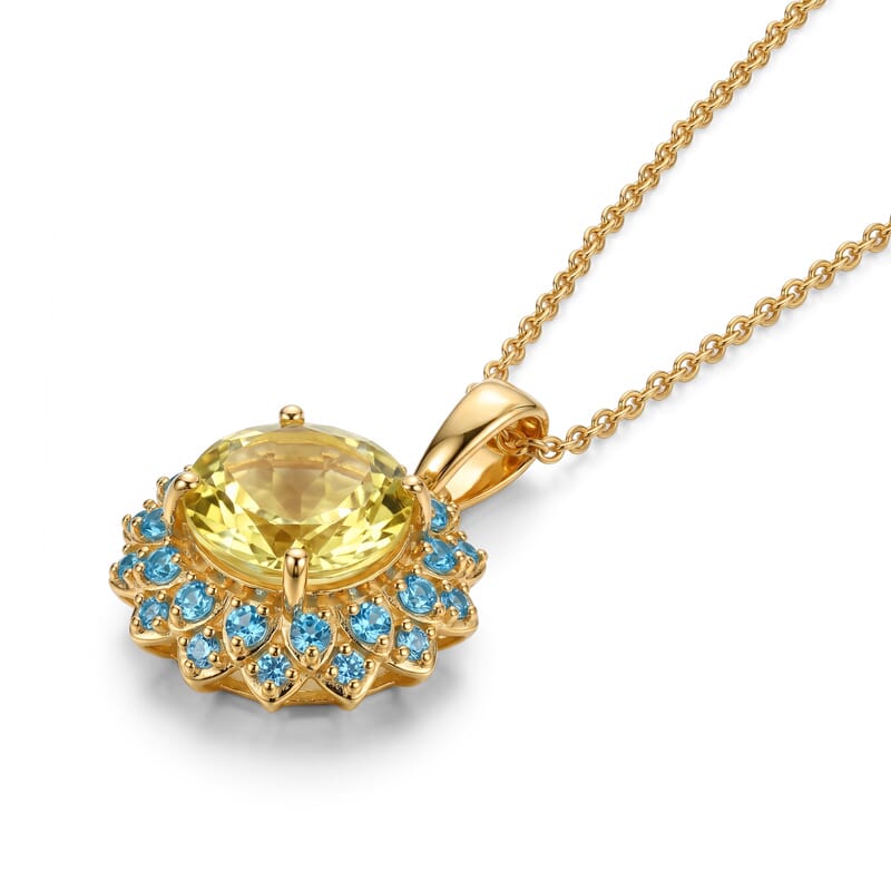 EverTrue Green Gold Quartz, Signity Paraiba and Ice Blue Topaz 4.15 ctw Pendant in 18K YG Plated with ION Plated YG Stainless Steel Necklace 20 Inches