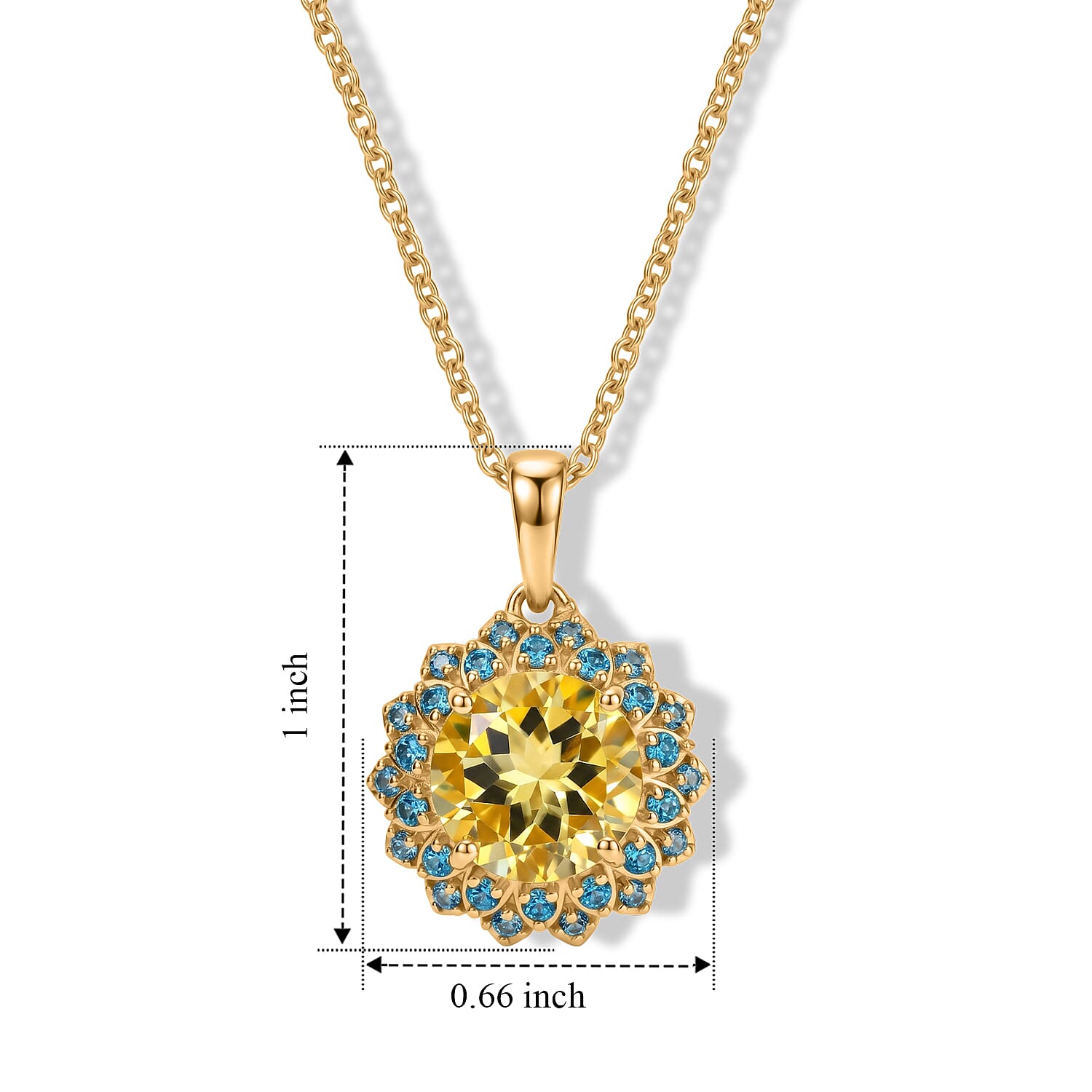 EverTrue Green Gold Quartz, Signity Paraiba and Ice Blue Topaz 4.15 ctw Pendant in 18K YG Plated with ION Plated YG Stainless Steel Necklace 20 Inches
