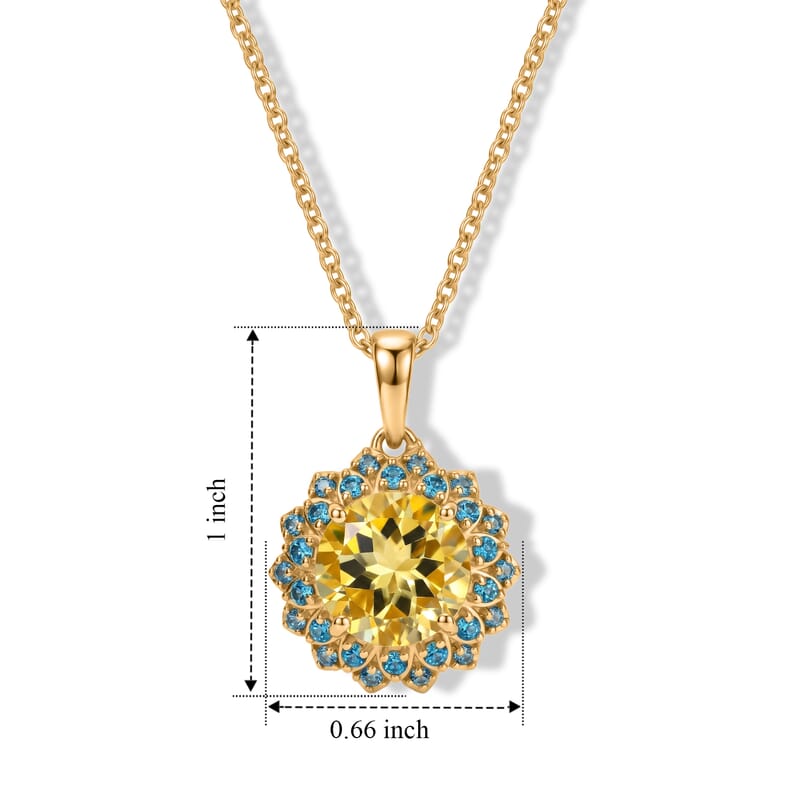 EverTrue Green Gold Quartz, Signity Paraiba and Ice Blue Topaz 4.15 ctw Pendant in 18K YG Plated with ION Plated YG Stainless Steel Necklace 20 Inches