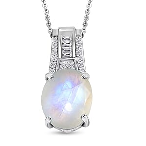 D'Joy Rainbow Moonstone and White Zircon Pendant Necklace in Rhodium Over Sterling Silver 20 Inches 5.10 ctw