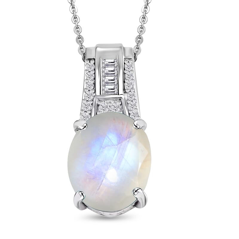 D'Joy Rainbow Moonstone and White Zircon 5.10 ctw Pendant Necklace in Rhodium Over Sterling Silver 20 Inches