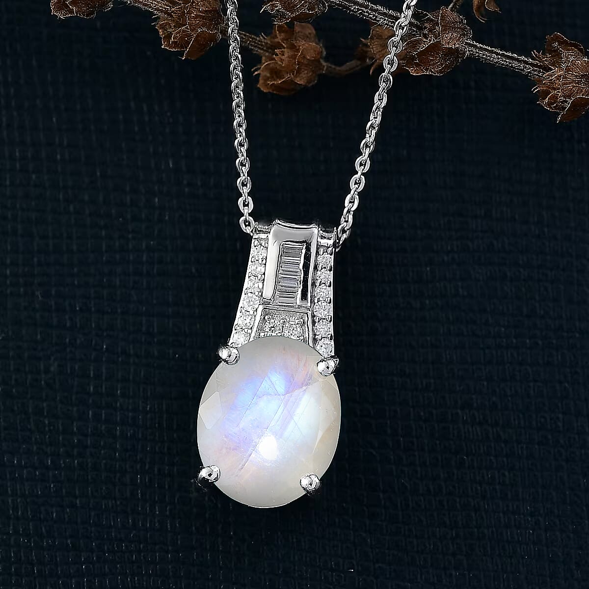 D'Joy Rainbow Moonstone and White Zircon Pendant Necklace in Rhodium Over Sterling Silver 20 Inches 5.10 ctw image number 1