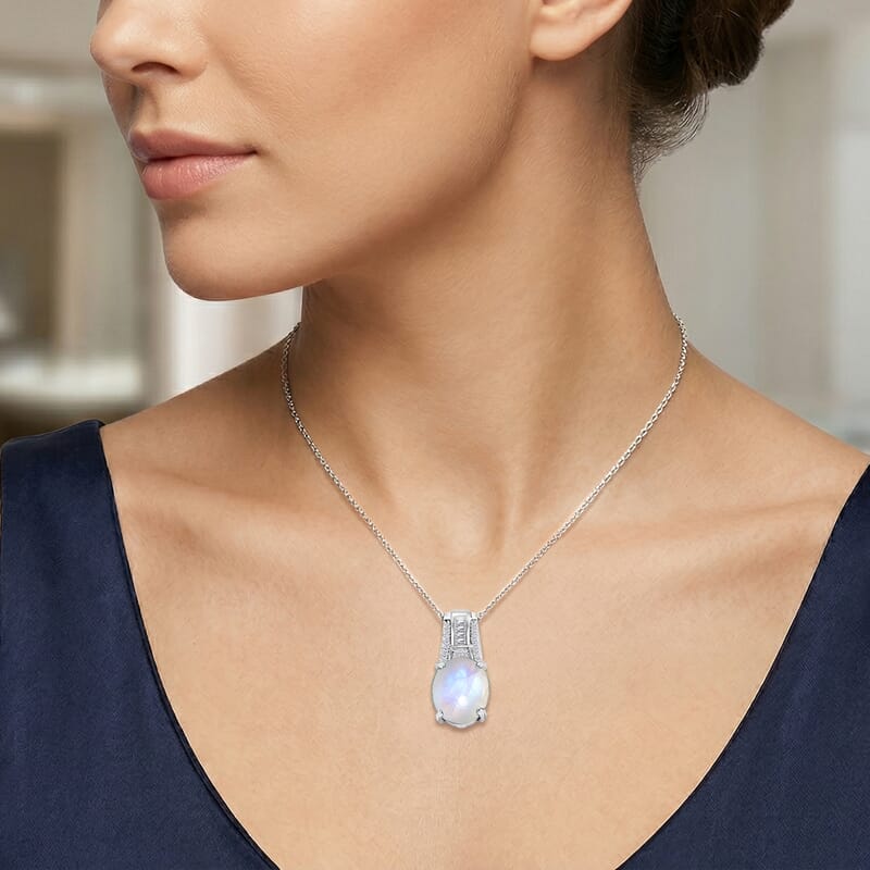 D'Joy Rainbow Moonstone and White Zircon 5.10 ctw Pendant Necklace in Rhodium Over Sterling Silver 20 Inches