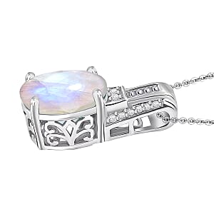 D'Joy Rainbow Moonstone and White Zircon Pendant Necklace in Rhodium Over Sterling Silver 20 Inches 5.10 ctw