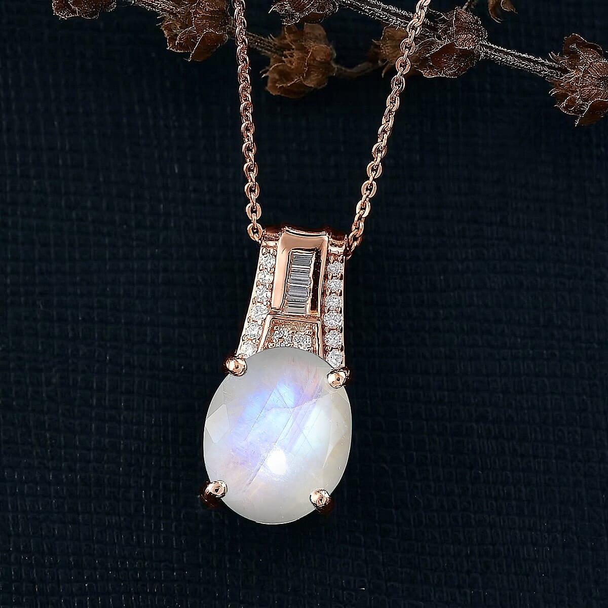 D'Joy Rainbow Moonstone and White Zircon 5.10 ctw Pendant Necklace in 18K Vermeil Rose Gold Over Sterling Silver 20 Inches image number 1