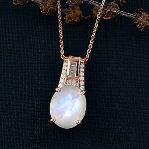 D'Joy Rainbow Moonstone and White Zircon 5.10 ctw Pendant Necklace in 18K Vermeil Rose Gold Over Sterling Silver 20 Inches