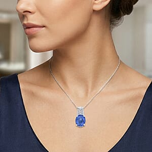 D'Joy Madagascar Blue Sapphire (DF) and White Zircon 7.50 ctw Pendant Necklace in Rhodium Over Sterling Silver 20 Inches