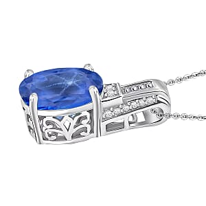 D'Joy Madagascar Blue Sapphire (DF) and White Zircon 7.50 ctw Pendant Necklace in Rhodium Over Sterling Silver 20 Inches