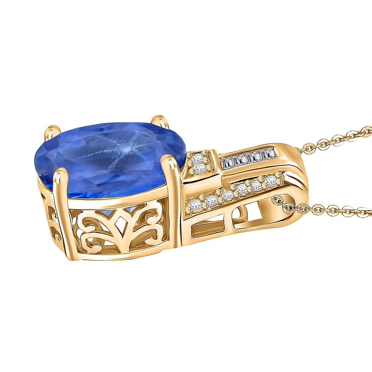 D'Joy Madagascar Blue Sapphire (DF) and White Zircon 7.50 ctw Pendant Necklace in 18K Vermeil Yellow Gold Over Sterling Silver 20 Inches image number 3