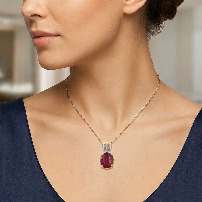 D'Joy Niassa Ruby (FF) and White Zircon 7.50 ctw Pendant Necklace in 18K Vermeil Rose Gold Over Sterling Silver 20 Inches