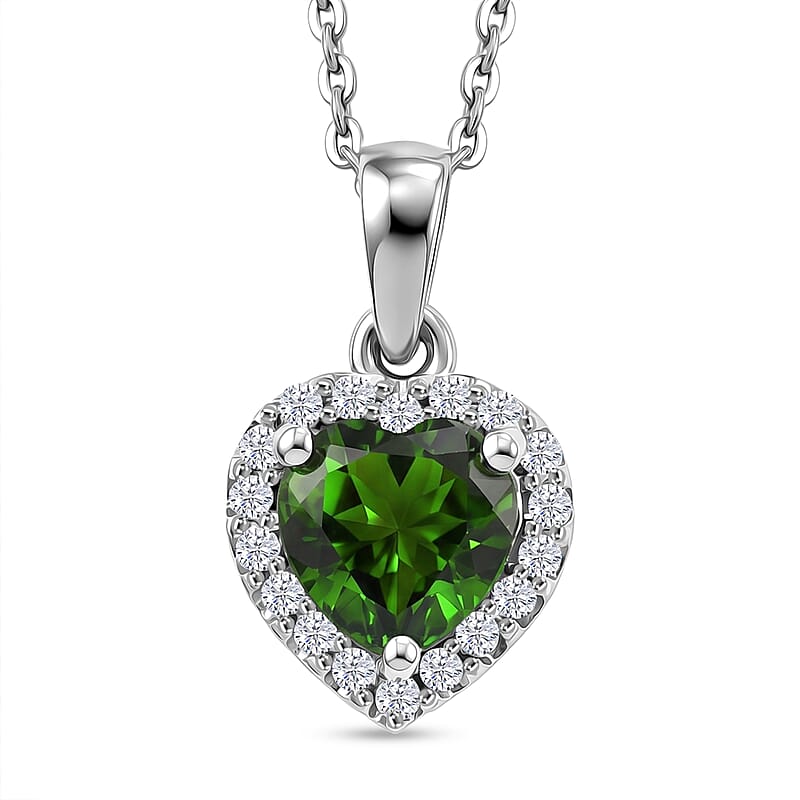 D'Joy Chrome Diopside and Moissanite 1.00 ctw Secret Garden Heart Pendant Necklace in Rhodium Over Sterling Silver 20 Inches