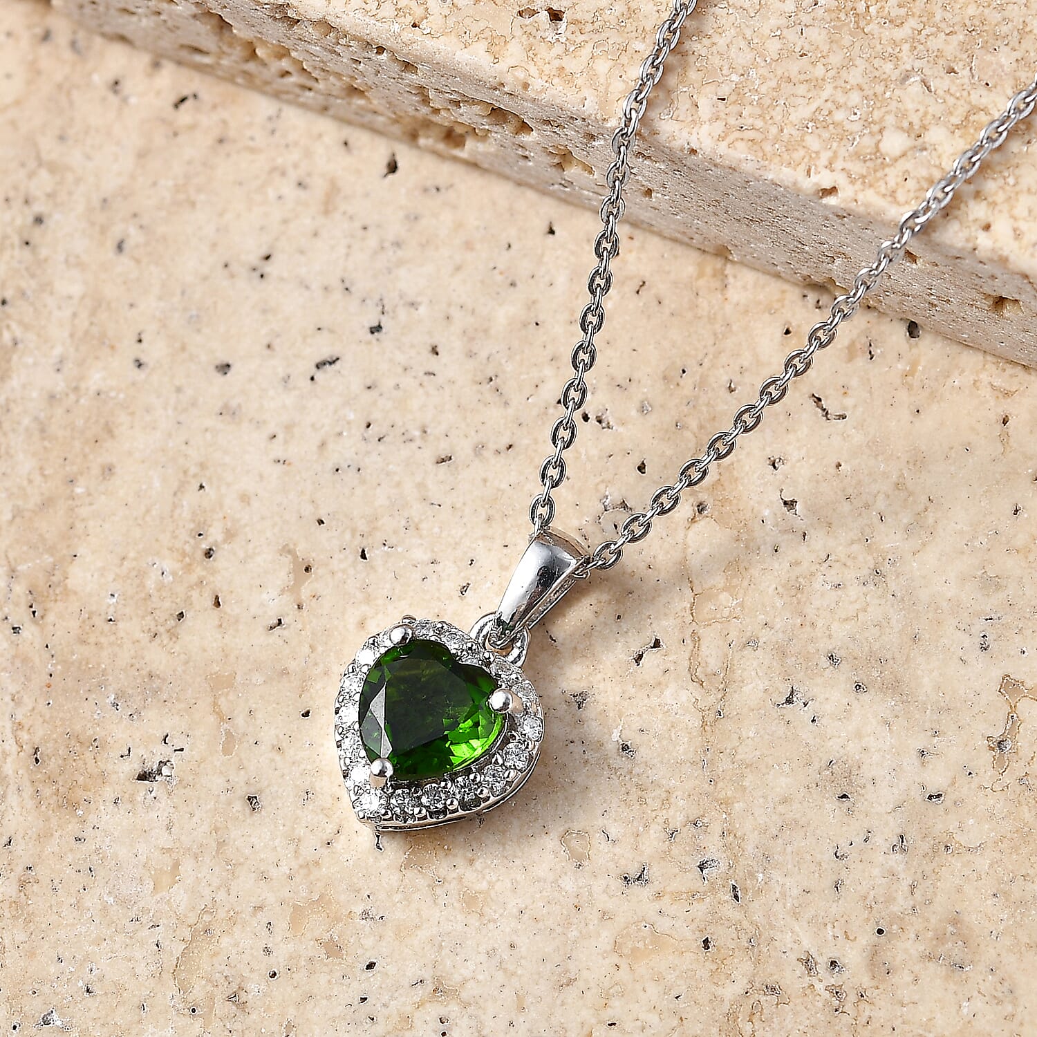 D'Joy Chrome Diopside and Moissanite 1.00 ctw Secret Garden Heart Pendant Necklace in Rhodium Over Sterling Silver 20 Inches