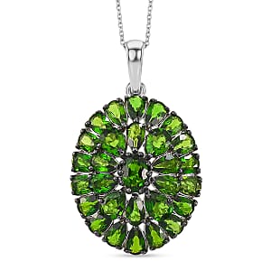 D'Joy Chrome Diopside 7.15 ctw Floral Cluster Pendant Necklace in Rhodium Over Sterling Silver 20 Inches