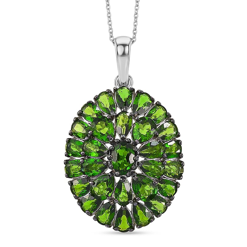 D'Joy Chrome Diopside 7.15 ctw Floral Cluster Pendant Necklace in Rhodium Over Sterling Silver 20 Inches