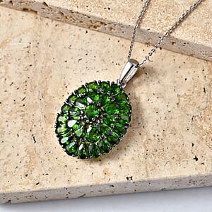 D'Joy Chrome Diopside 7.15 ctw Floral Cluster Pendant Necklace in Rhodium Over Sterling Silver 20 Inches