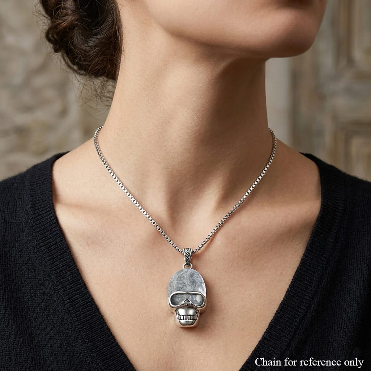 Gray Crystal Skull Pendant in Silvertone with Stainless Steel Necklace (20 Inches) image number 2