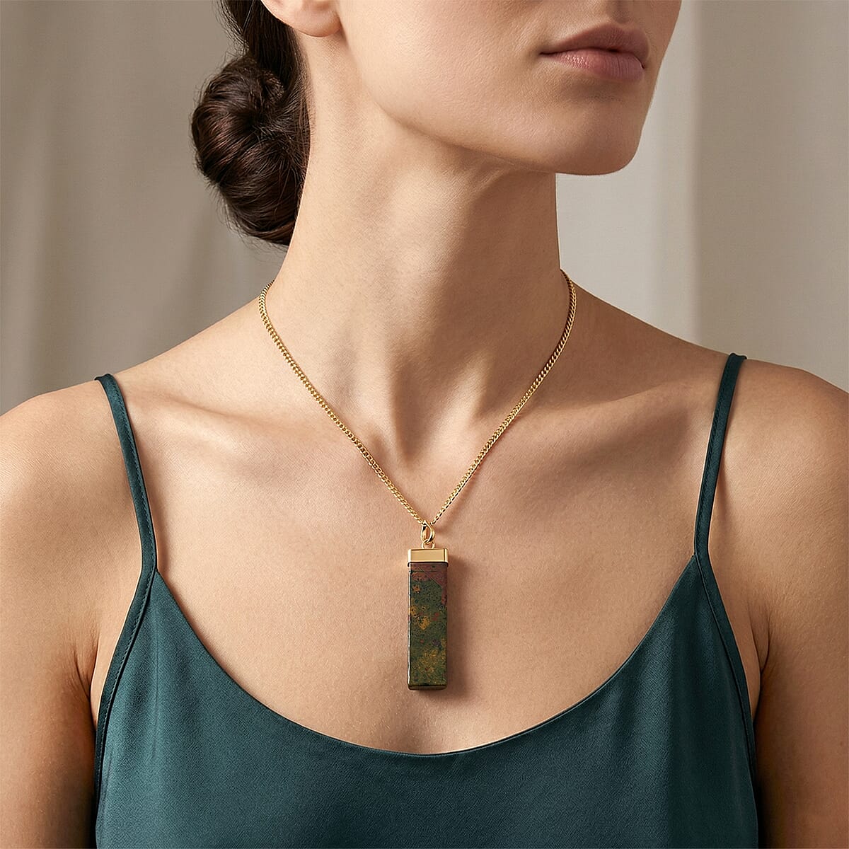 Jasper 36.00 ctw Rectangle Dragon Blood Pendant in Silvertone with Stainless Steel Necklace (20 Inches) image number 2