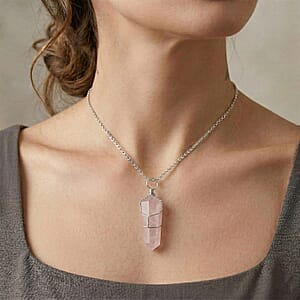Galilea Rose Quartz 18.00 ctw Taper Point Pendant in Silvertone with Stainless Steel Necklace (20 Inches)